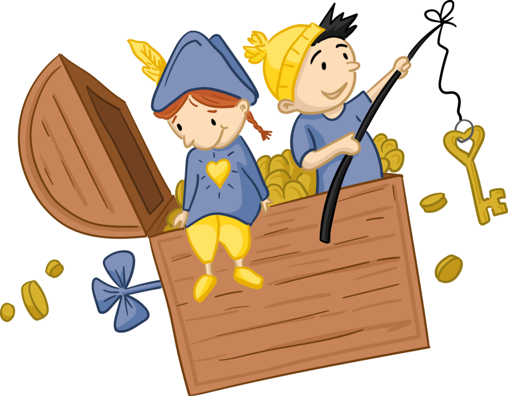 Zu sehen sind zwei Kinder, die aus einer Schatztruhe steigen und für Kinder mit ADHS stehen, die Rahel Graf mit ihrem Coaching in Ballwil unterstützt